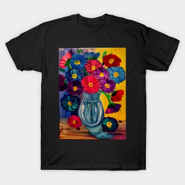 fun and colorful abstract flowers set against a multi-color background T-Shirt by kkartwork